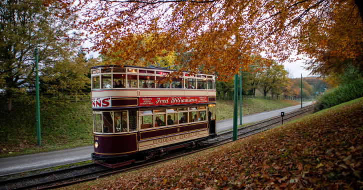 An historic tram moving through colourful autumn leaves at Beamish Museum